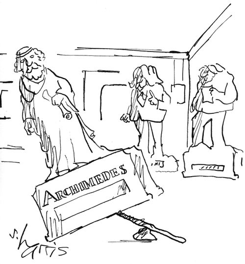 Archimedes statue tipped up by a lever.