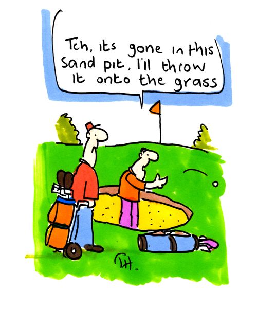 'Tch, it's gone in this sandpit. I'll throw it onto the grass.'