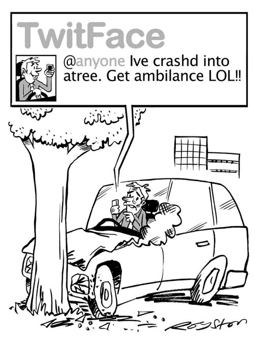 Man using phone and driving crashes into tree. Aks for help via social networking.