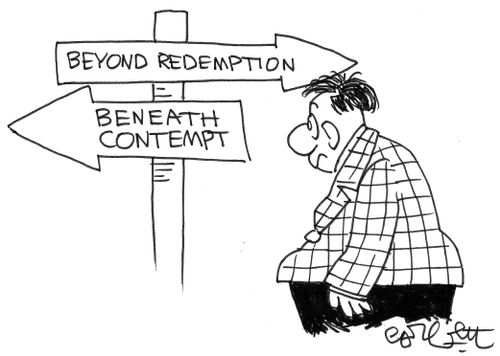 Directional sign: beyond redemption, beneath contempt.