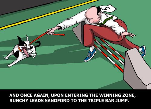 "Once again Runchy leads Sandford to the triple bar jump."