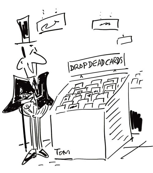 Undertaker buys Drop Dead greetings cards.
