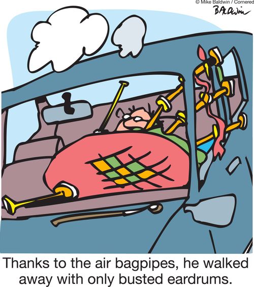 Thanks to the air bagpipes, he walked away with only busted eardrums.