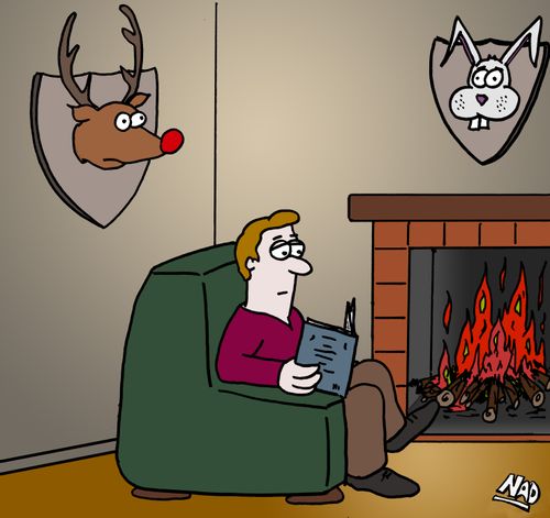 A hunter sits reading by the fireplace with Rudolph the Red Nose Reindeer and the Easter Bunny's heads mounted on the wall as trophies.
