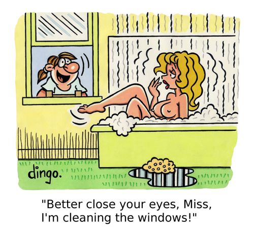 'Better close your eyes, Miss, I'm cleaning the windows!'