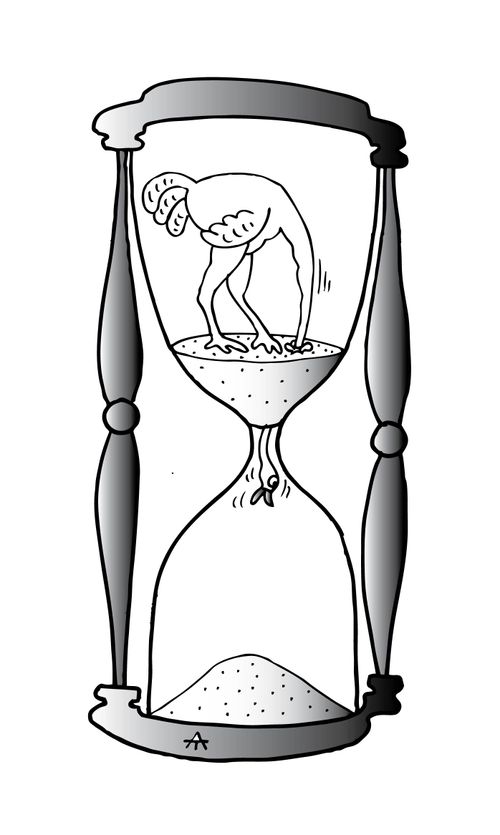 Ostrich in an hourglass puts its head in the ground.