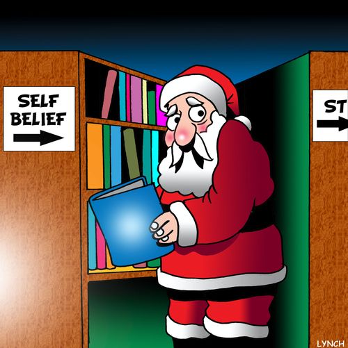 Santa in the self-belief section of the library.