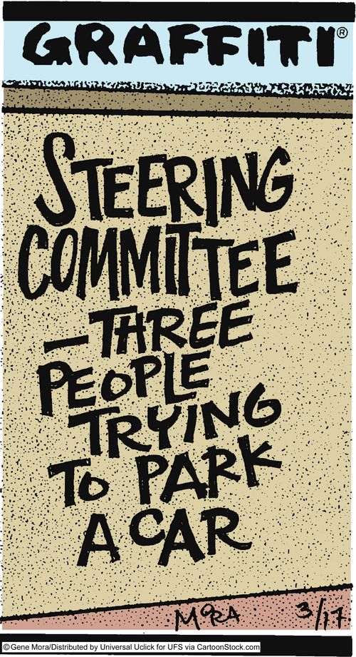 Steering Committee - Three people trying to park a car.