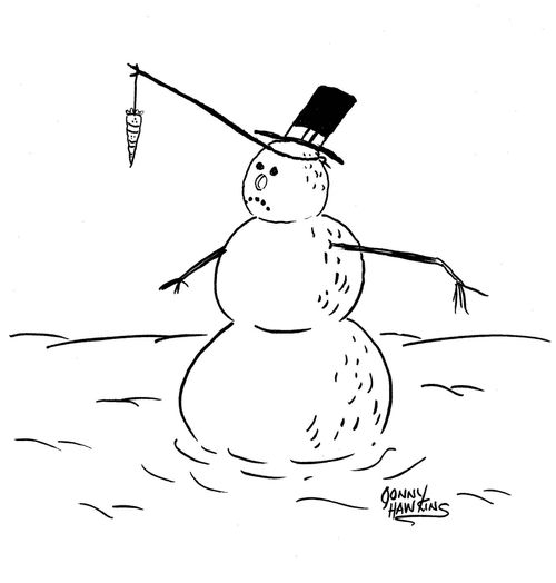 Snowman has carrot on stick for motivation.