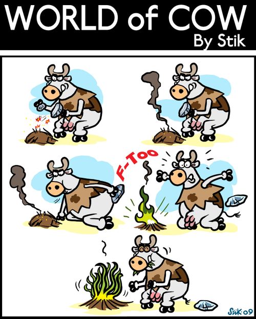 Cave cow makes grass fire.