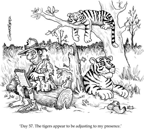 'Day 57. The tigers appear to be adjusting to my presence.'