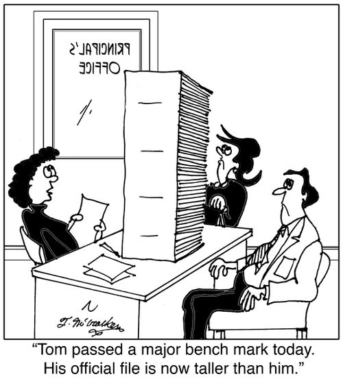  'Tom passed a major bench mark today. His official file is now taller than him.'
