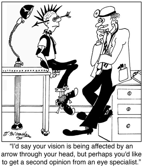 'I'd say your vision is being affected by an arrow through your head, but perhaps you'd like to get a second opinion from an eye specialist.'