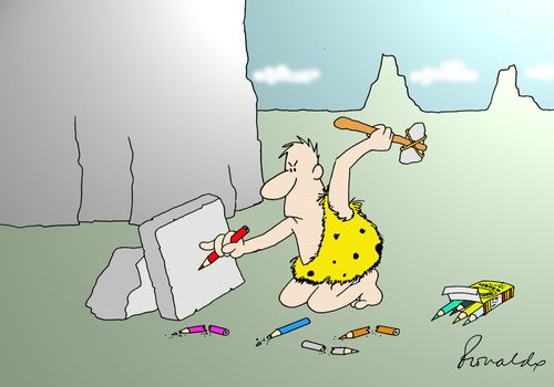 Caveman tries to carve using a pencil.