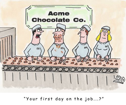 Chocolate factory workers on the job - one with his face covered with chocolate - 'Your first day on the job...?'