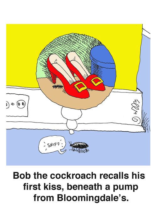 Bob the cockroach recalls his first kiss, beneath a pump from Bloomingdale's.