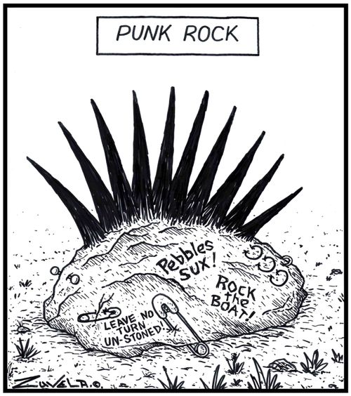 Punk Rock Pebbles sux! Rock the boat! Leave no turn un-stoned! a rock with punk features and attitude.
