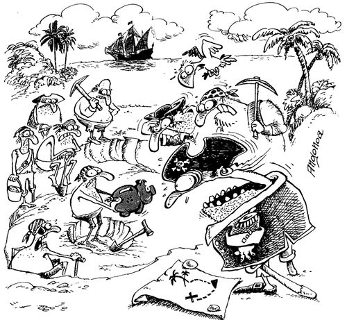 Pirates find out treasure is a piggy bank.