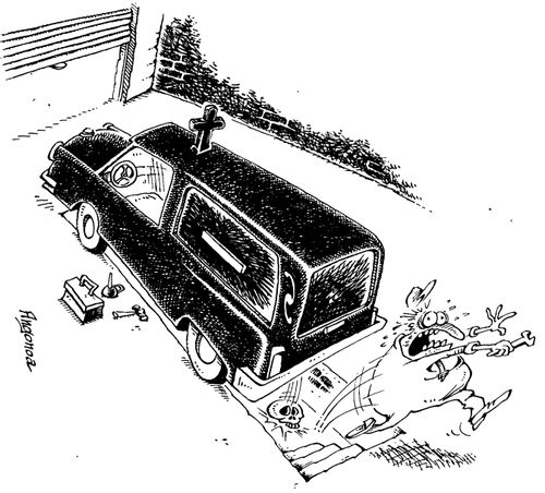 Mechanic working on a hearse flees from falling skull