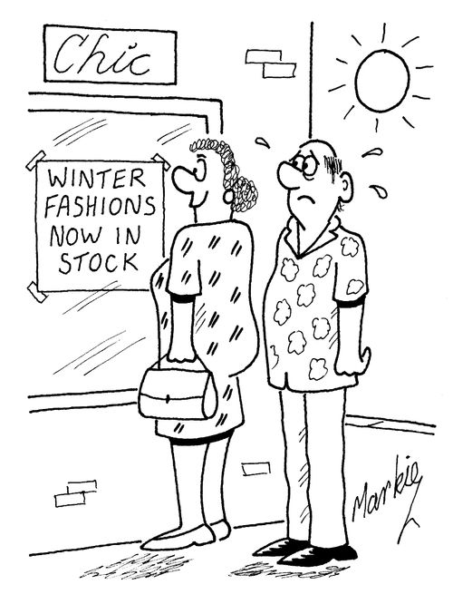 Winter stock in a clothes shop during the summer.