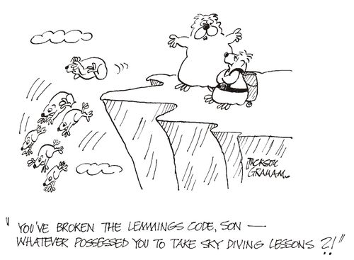 'You've broken the Lemmings code,son - whatever possessed you to take sky diving lessons ?!'