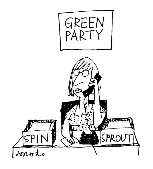 Green Party office with 'Spin' and 'Sprout' trays.