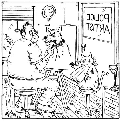 Police artist drawing a snarling dog while an injured cat desribes him