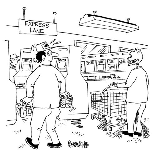 Skeleton in supermarket checkout queue