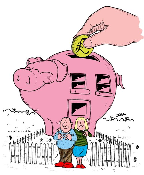 Couple with a piggy bank house