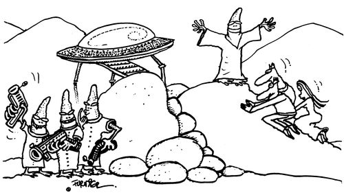 Humans welcome a UFO and its aliens whilst other aliens get ready with guns in the background