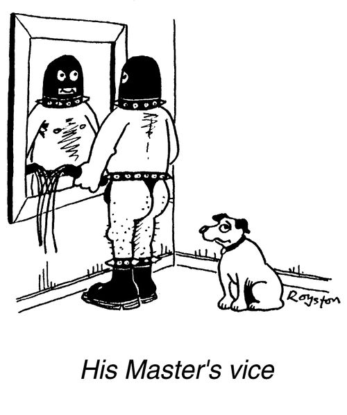 Dog gazing up at man in bondage gear, "His Master's Vice"