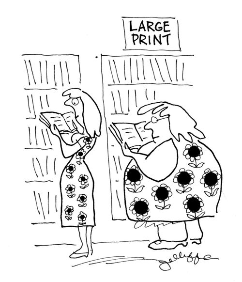 Large lady reading a large print book.