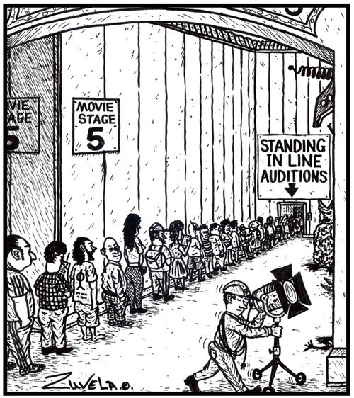 Sign outside a movie studio: Standing in line Auditions.