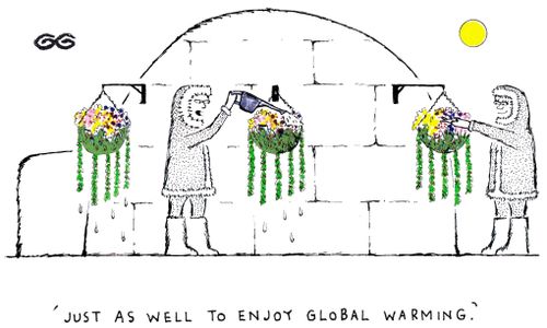 'Just as well to enjoy global warming.' (Igloo with hanging baskets).
