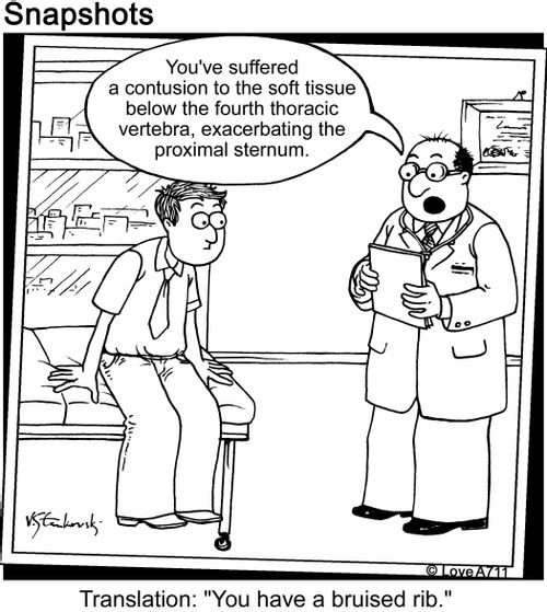 "You've suffered a contusion to the soft tissue below the fourth thoracic vertebra exacerbating the proximal sternum. Translation: 'you have a bruised rib.'"