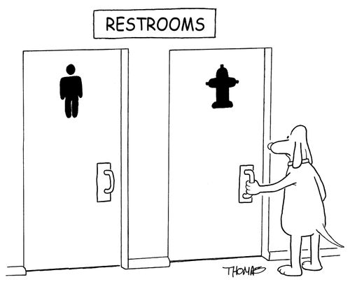 Symbol on dogs restroom is a fire hydrant.