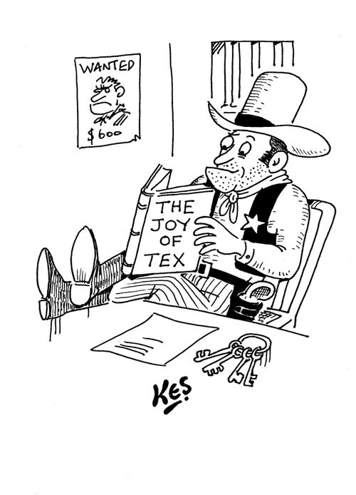 Cowboy reads book: 'The Joy of Tex'.