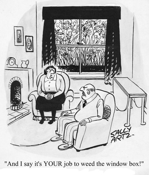'And I say it's YOUR job to weed the window box!'
