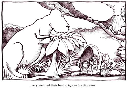 Everyone tried their best to ignore the dinosaur.