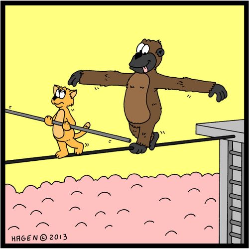 Tight rope walking cat and monkey.