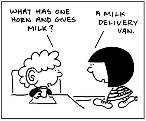 'What has one horn and gives milk?'