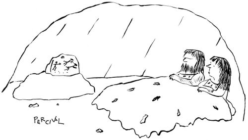 Cave couple watching a cave painting TV while in bed.