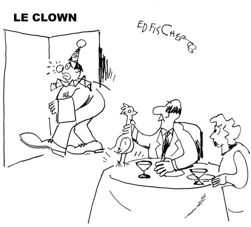 Clown waiter gives a chicken to diners