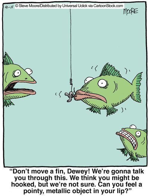 'Don't move a fin, Dewey! We're gonna talk you through this. We think you might be hooked, but we're not sure. Can you feel a pointy, metallic object in your lip?'