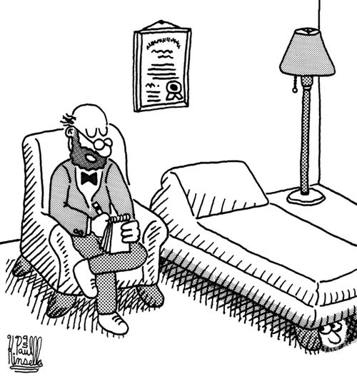 Psychiatrist with a patient who is hiding under the couch.