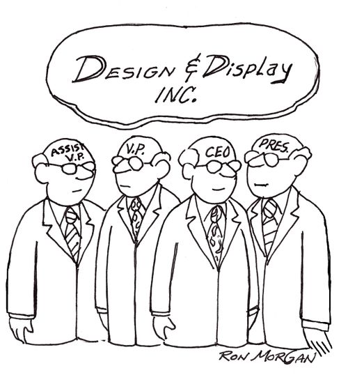 Design and Display company's executives have their titles displayed on their foreheads.
