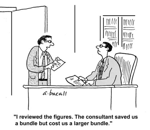 'I reviewed the figures. The consultant saved us a bundle but cost us a larger bundle.' 