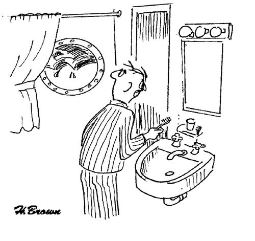 Man looks out of his porthole window and notices the ship is upside down.