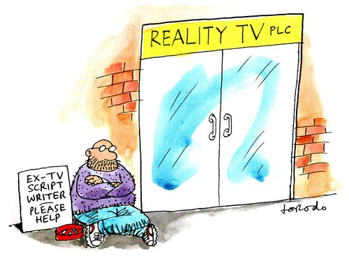 TV scriptwriter begging outside reality TV studio.