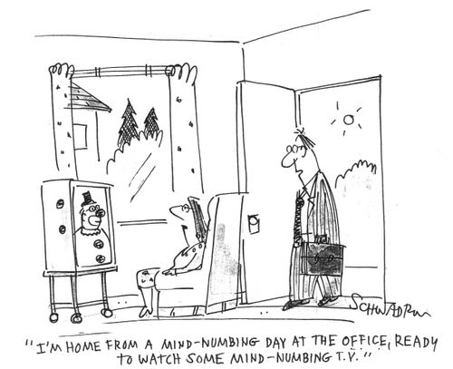 'I'm home from a mind-numbing day at the office, ready to watch some mind-numbing TV.'